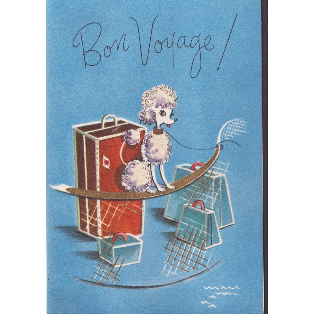 Vintage 1960s Bon Voyage Greeting Card Rust Craft Poodle Luggage Used